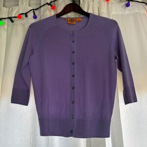Tory Burch Purple 100% Wool Button Front 3/4 Sleeve Cardigan Sweater Size S